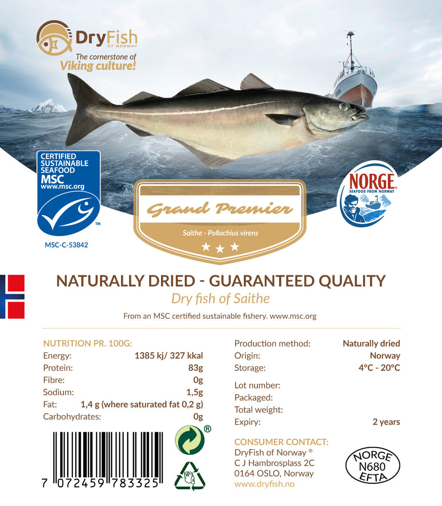 Stockfish of Saithe in 10 kg retail pack.