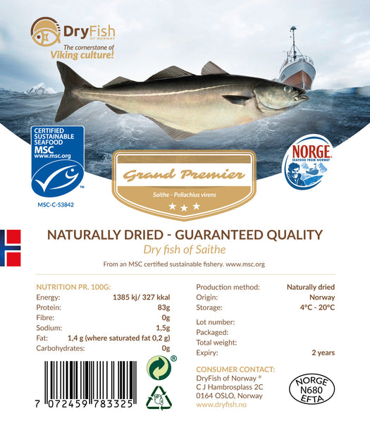 Stockfish of Saithe in 10 kg retail pack.