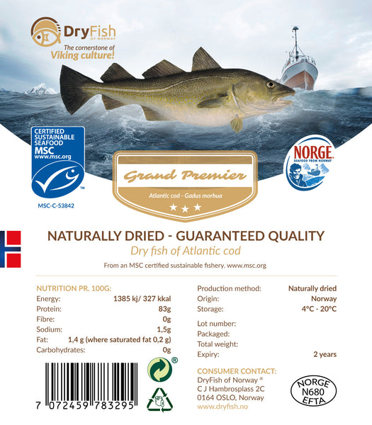 Stockfish of Cod in 10 kg retail pack.